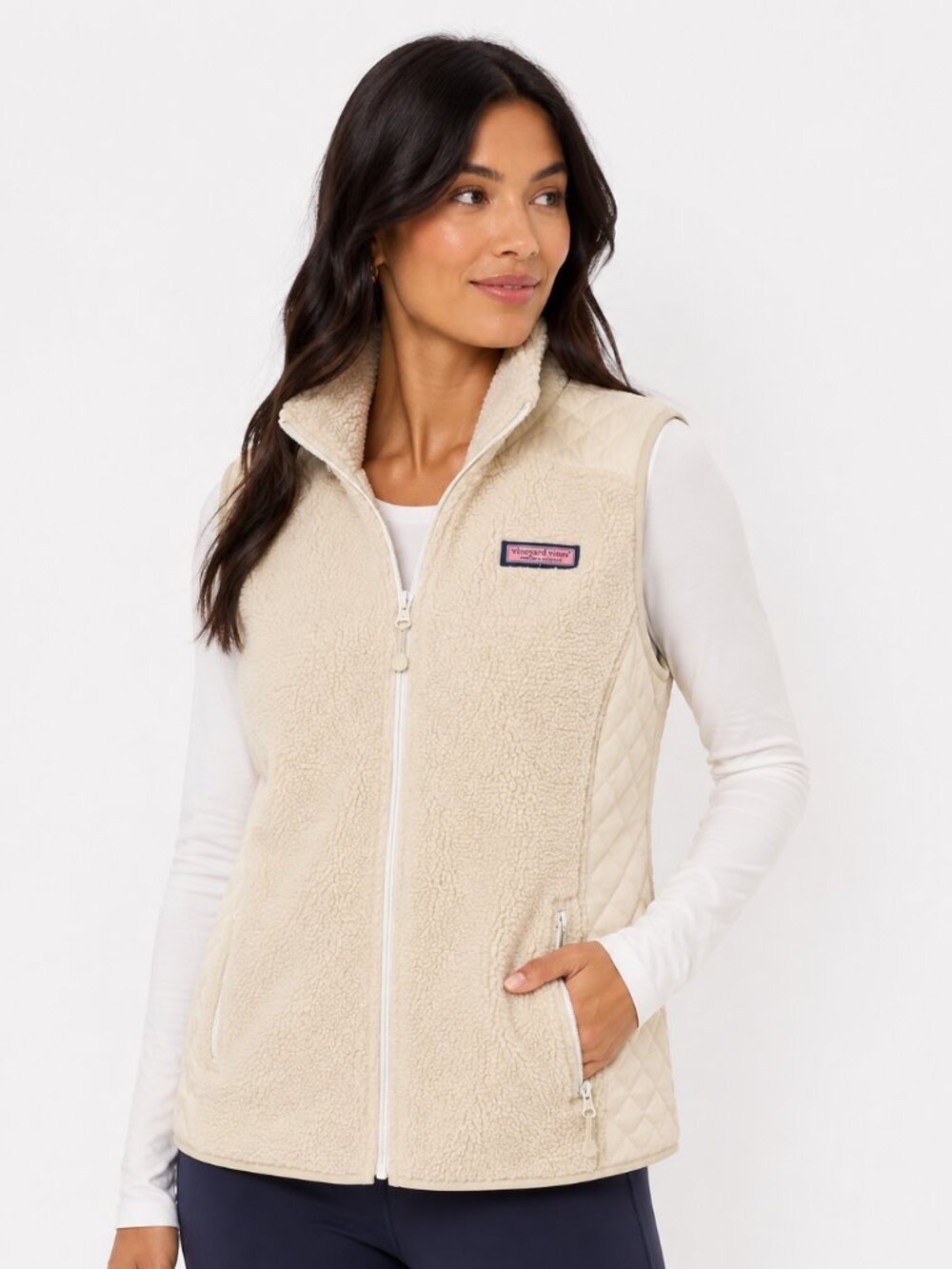 Vineyard Vines Cream Sherpa Quilted Full Zip Vest Women’s L - Picture 2 of 6